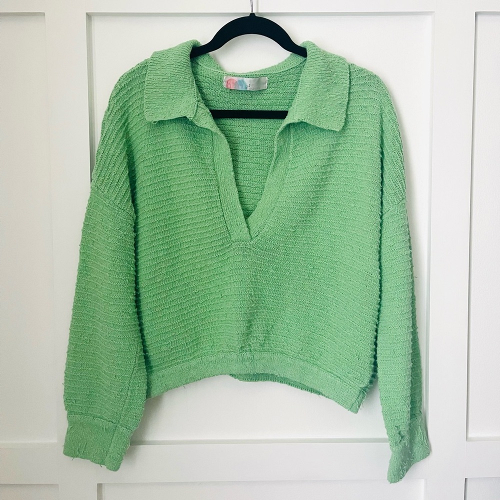 Free People FP Beach Green Collared Pullover Polo Sweater